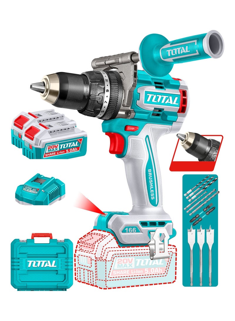 TOTAL Brushless Cordless Impact Drill, 20V, 166Nm Max Torque, 2-Speed, 13mm Chuck, with 2x5.0Ah Batteries, Charger, Drill Bits Set, Carrying Case - Image 1